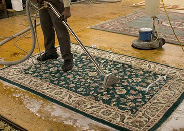 Staff member steam cleaning an oriental rug